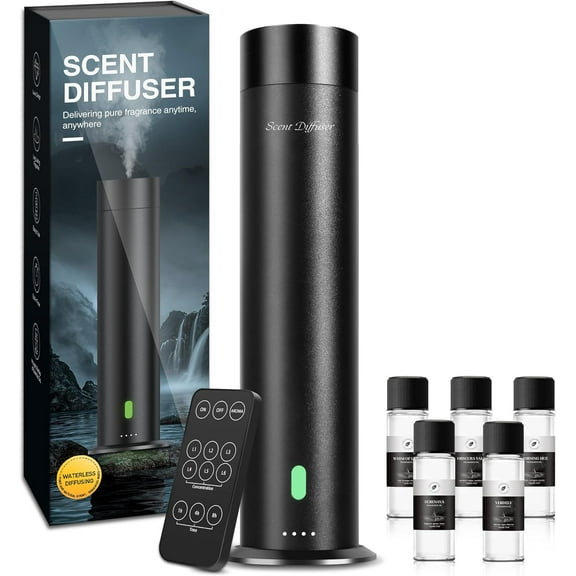 Waterless Scent Diffuser Starter Kit - 1000 Sq Ft Coverage, Hotel Diffuser, Essential Oil Large Room, Included 5 Oils, Remote Control, Black, 11.30In