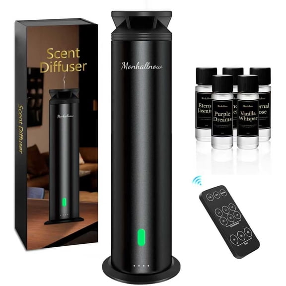 Waterless Scent Diffuser Starter Kit 1000 Sq Ft Coverage, Suitable for Home & Hotel Series Diffuser, Includes 5 Scent Oils, Remote Control, Large Room Essential Oil Diffuser, Ultra Black