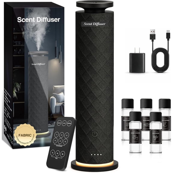 Waterless Scent Diffuser Starter Kit with 5 Oils Luxury Hotel Style Cold Air Diffuser Oil Machine for Home 1000 Sq Ft Coverage Quiet Nebulizing Aromatherapy with Remote Tower Fabric Design Black
