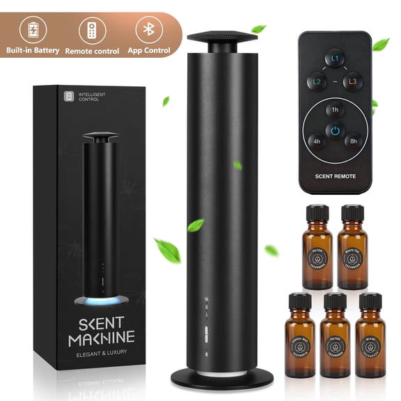 Waterless Scent Diffuser Starter Kit for Large Spaces - 2000 Sq Ft Coverage with 5 Premium Oils & Remote Control, Hotel-Grade Black Diffuser for Home or Office