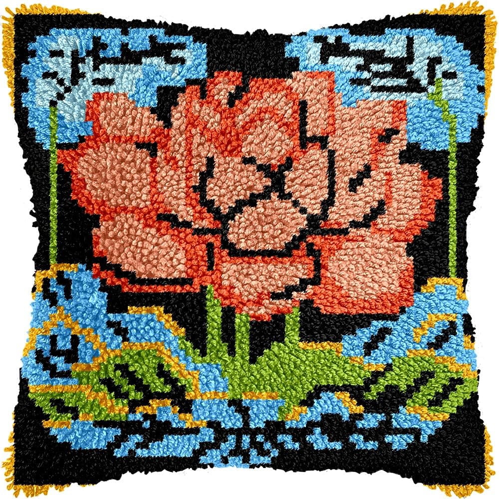 Waterlilies Latch Hook Pillow Kits for DIY Throw Pillow Cushion Embroidery Latch Hooking Pillowcase Kits with Preprinted Canvas Crochet Yarn Kits for Home Decor 17''X 17''(d17)