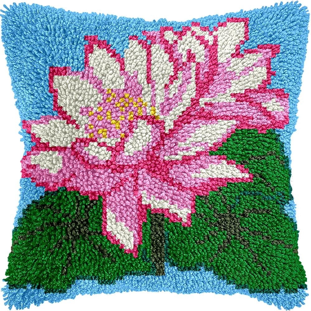 Waterlilies Latch Hook Pillow Kits for DIY Throw Pillow Cushion Embroidery Latch Hooking Pillowcase Kits with Preprinted Canvas Crochet Yarn Kits for Home Decor 17''X 17''(d26)