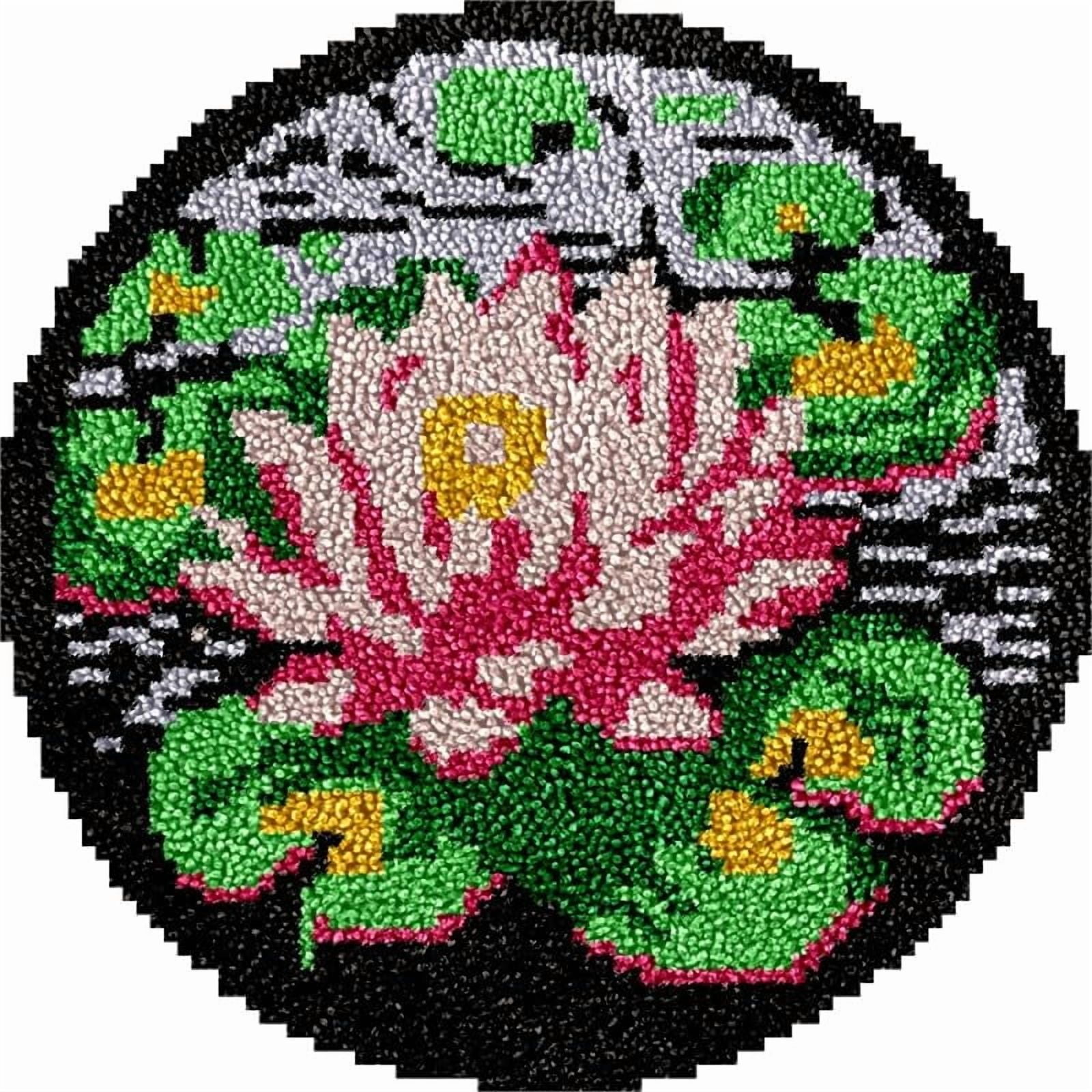 Waterlilies Round Shape Latch Hook Rug Kits Set for Starter Crochet Hook Cushion Mat Sofa Seat Cushion Crocheting Kits with Preprinted Canvas Crochet Yarn Kits 50X50cm (ui82)