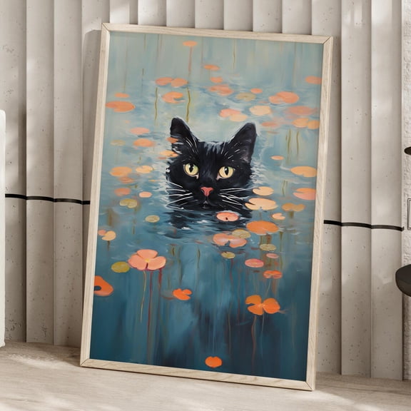 Waterlily Cat Floral Wall Art, Bright Botanical Cat Decor, Unframed Canvas Size 12x18