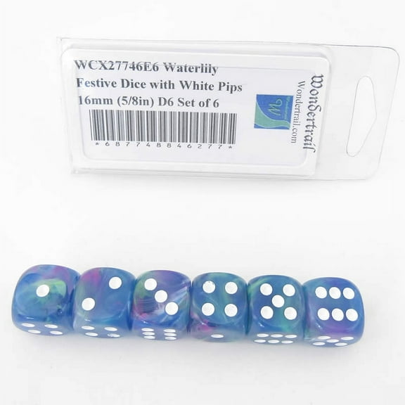 Waterlily Festive Dice with White Pips 16mm (5/8in) D6 Set of 6 Wondertrail