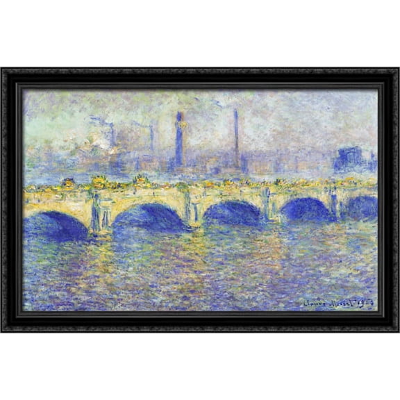Waterloo Bridge, Effect of the Sun 40x26 Large Black Ornate Wood Framed Canvas Art by Claude Monet