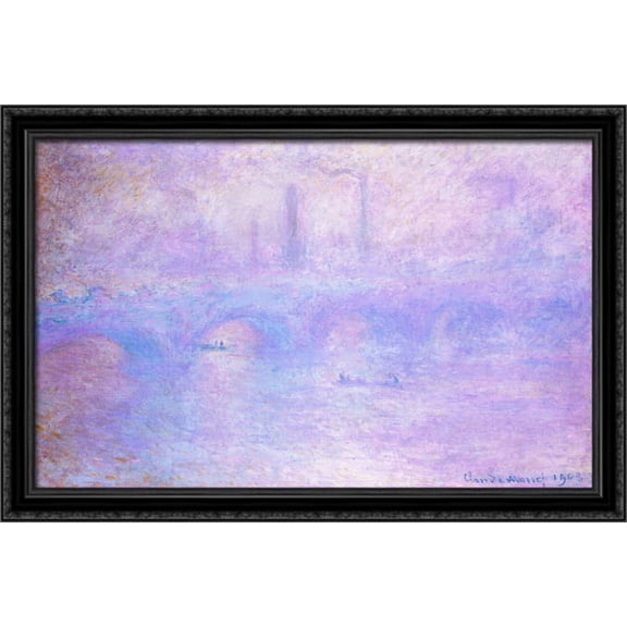 Waterloo Bridge, Fog 40x26 Large Black Ornate Wood Framed Canvas Art by Claude Monet