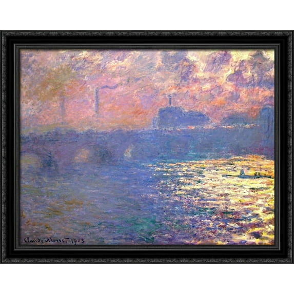 Waterloo Bridge, Sunlight Effect 34x28 Large Black Ornate Wood Framed Canvas Art by Claude Monet