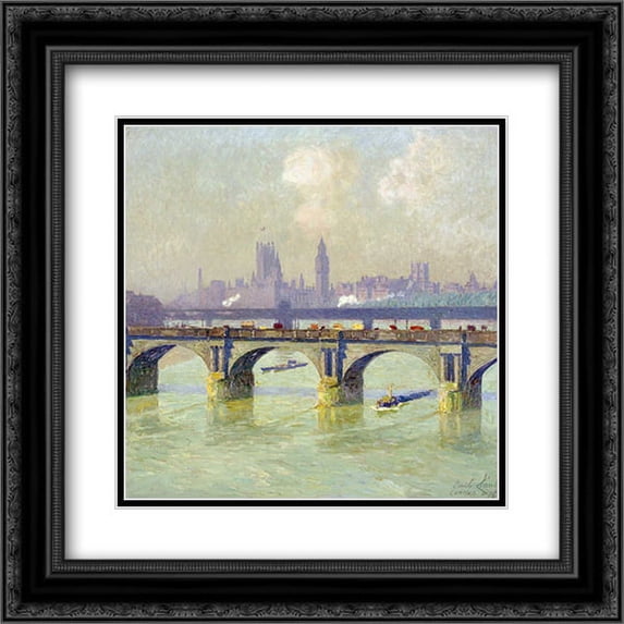 Waterloo Bridge and Hungerford Bridge With The Houses of Parliament Beyond 2x Matted 20x20 Black Ornate Framed Art Print by Claus, Emile