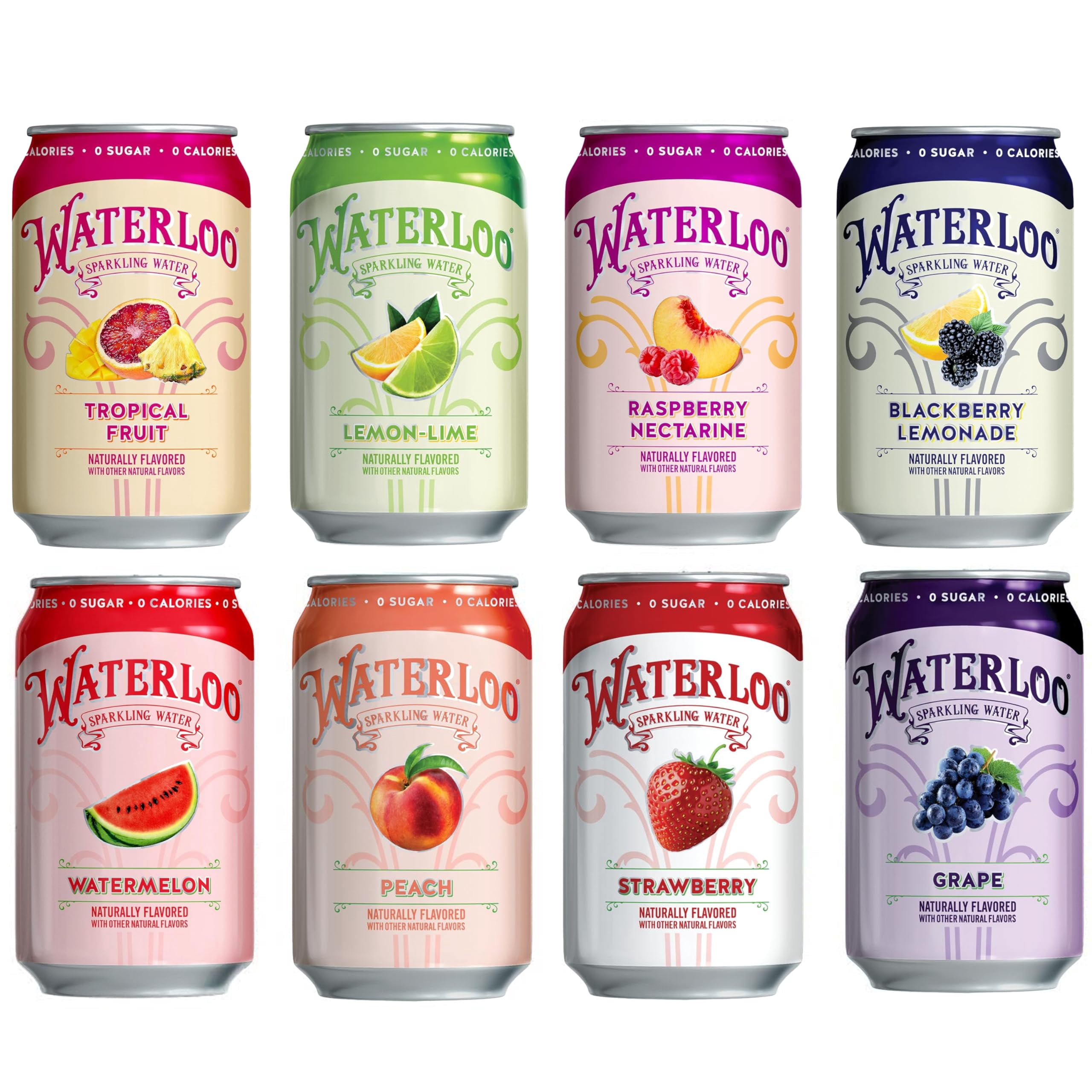 Waterloo Sparkling Fruit Flavored Water, Multi-Flavor Variety Pack | Zero Calorie | Zero Sugar | Zero Sodium | Zero Calories | Naturally flavored, 12 Fl Oz with Fitluv packaging (8 Flavor Variety,