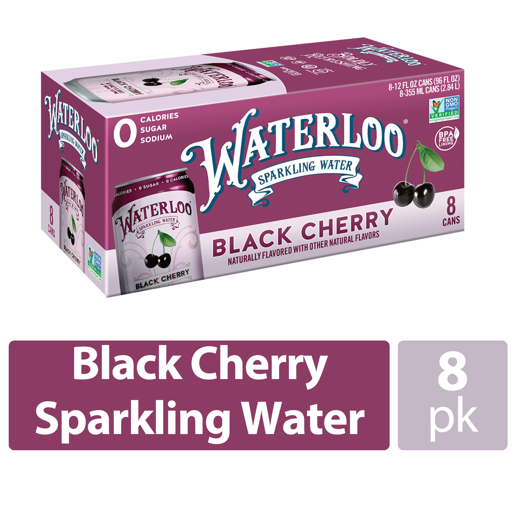 Waterloo Sparkling Water, Black Cherry, 12 fl oz, 8 Pack Cans