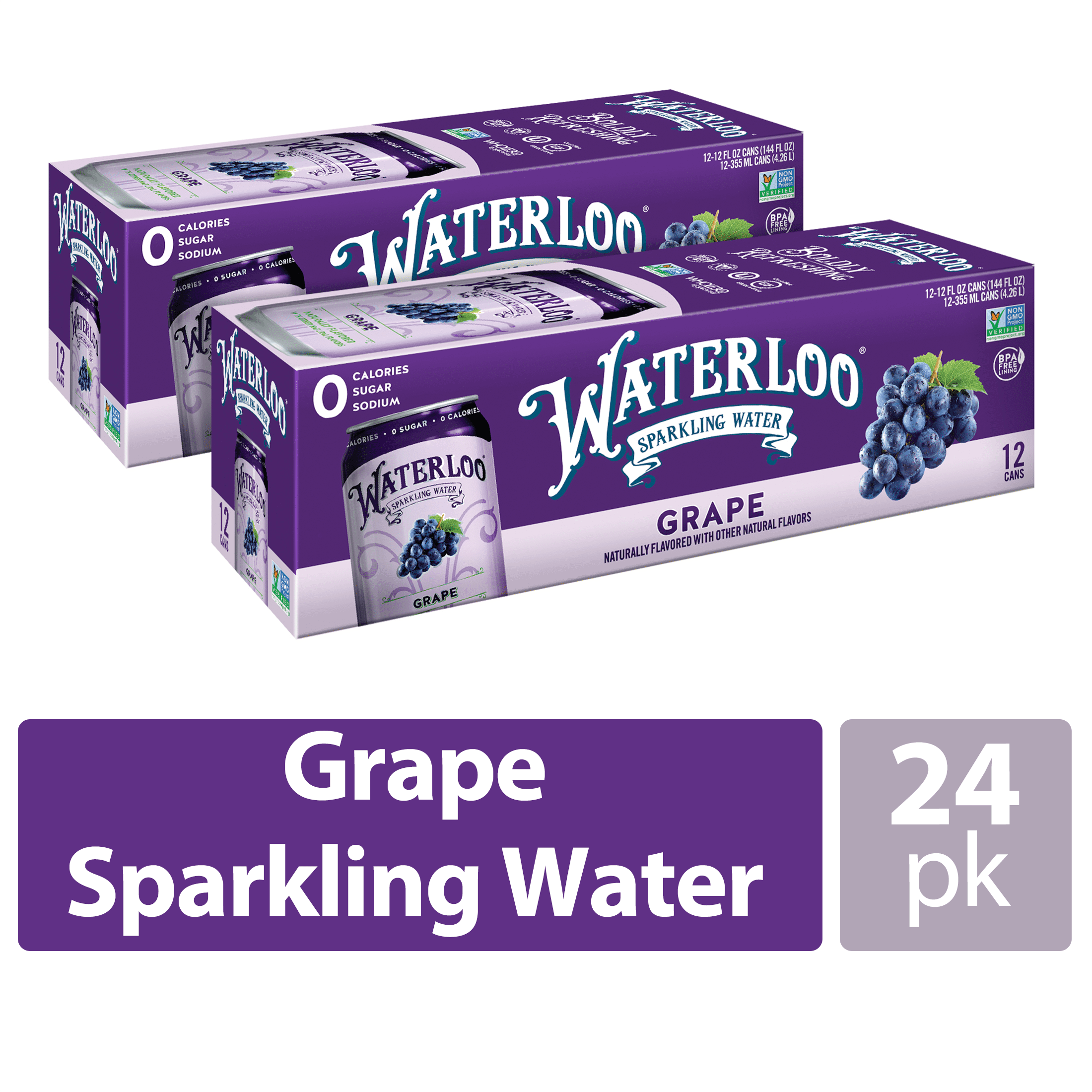 Waterloo Sparkling Water, Grape, 12 fl oz, 24 Pack Cans
