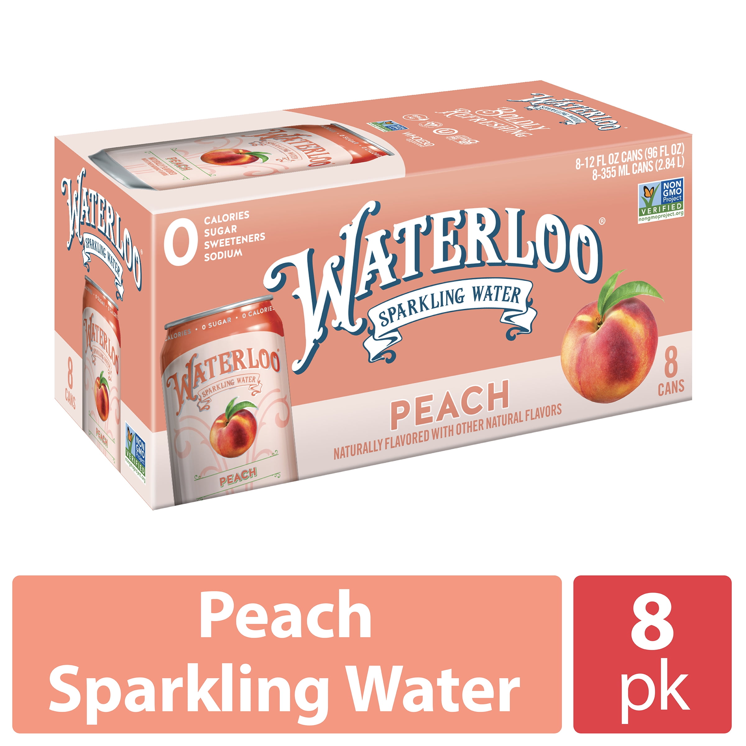 Waterloo Sparkling Water, Peach, 12 fl oz, 8 pack cans