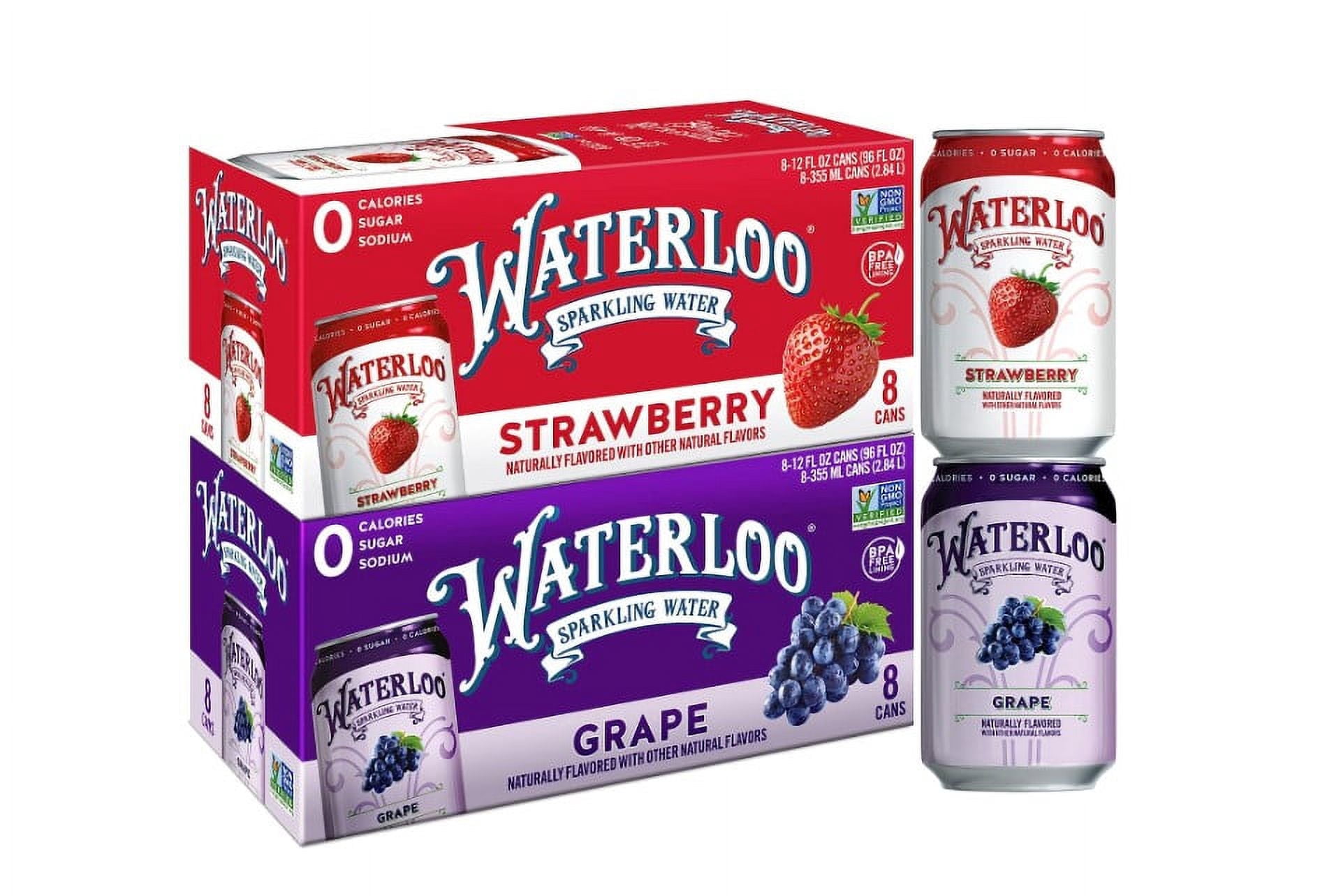 Waterloo Sparkling Water Two-Flavor Pack, 12 Fl Oz Cans, 8 x Grape, 8 x ...