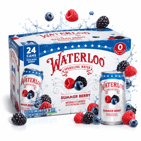 Waterloo Summer Berry Sparkling Water 12 fl oz Cans 24 Pack Refreshing New