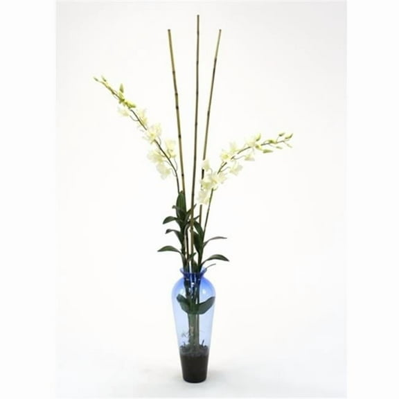 Waterlook Silk White Dendrobium Orchid with Bamboo in Blue Victorian Glass Vase
