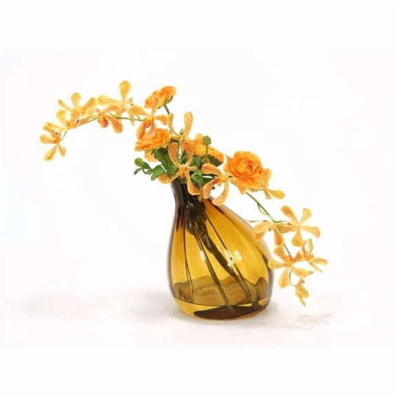 Waterlook Yellow Orange Vanda Orchids with Gold Ranunculus in Amber Gourd Vase