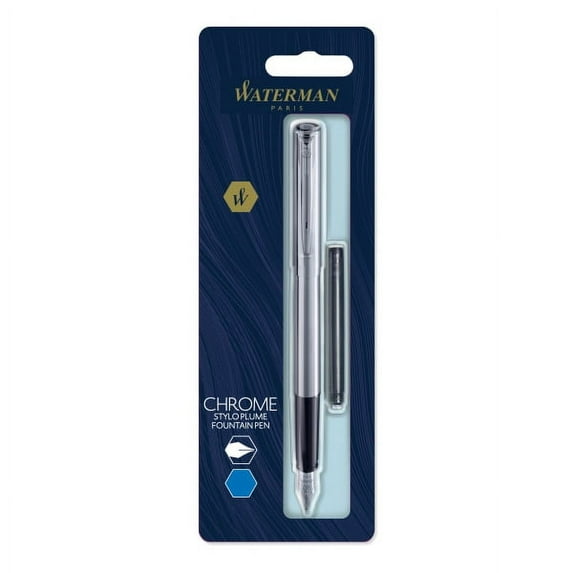 Waterman® Allure Fountain Pen, Fine Point, 0.5 mm, Chrome Barrel, Blue Ink