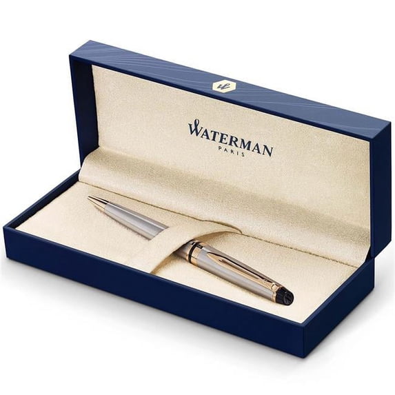Waterman Stainless Steel Expert Ballpoint Pen for 23k Gold Trim & Medium Point with Ink Cartridge, Blue