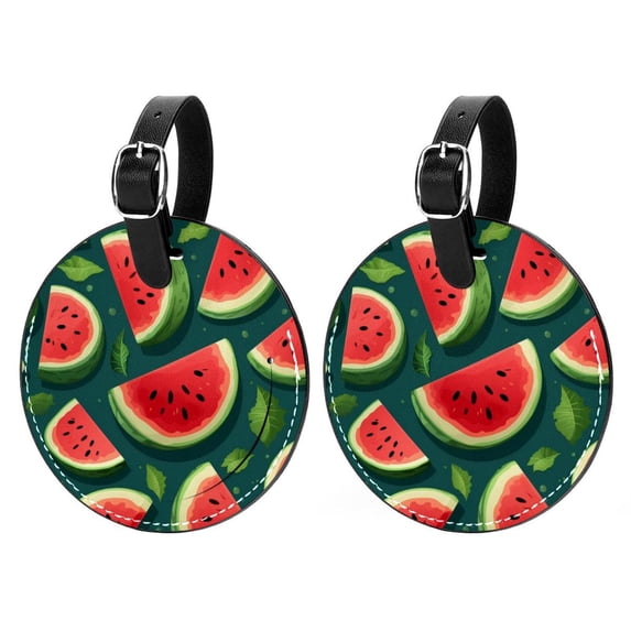 Watermelon 2pcs PU Leather Round Bag Tags Suitcase Handbag Tags with Privacy Cover and Name ID Tag for Travel Luggage, Handbags, Backpacks, School Bags