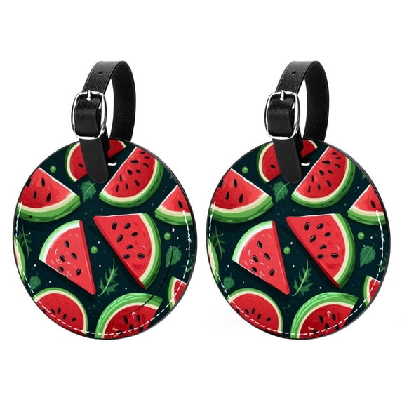 Watermelon 2pcs PU Leather Round Bag Tags with Privacy Cover and Name ID Tag - Suitcase Tags for Travel Luggage, Handbags, Backpacks, School Bags