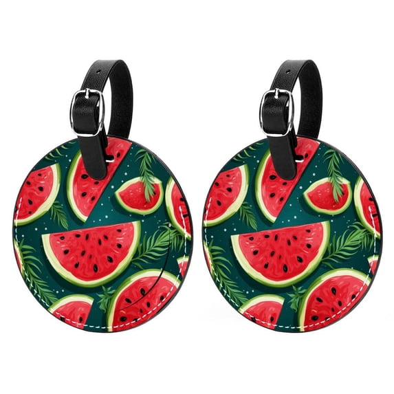 Watermelon 2pcs PU Leather Round Bag Tags with Privacy Cover and Name ID Tag - Suitcase Tags for Travel Luggage, Handbags, Backpacks, School Bags