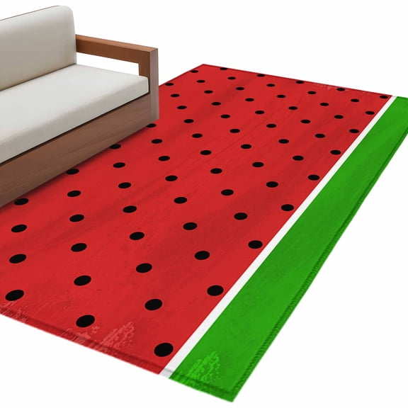 Watermelon 3'x5' Washable Rug, Black Polka Dots Green Summer Fruits Non-Slip Area Rugs for Entryway Kitchen Classroom, Dorm Throw Carpet, Low Pile Soft Indoor Floor Mat