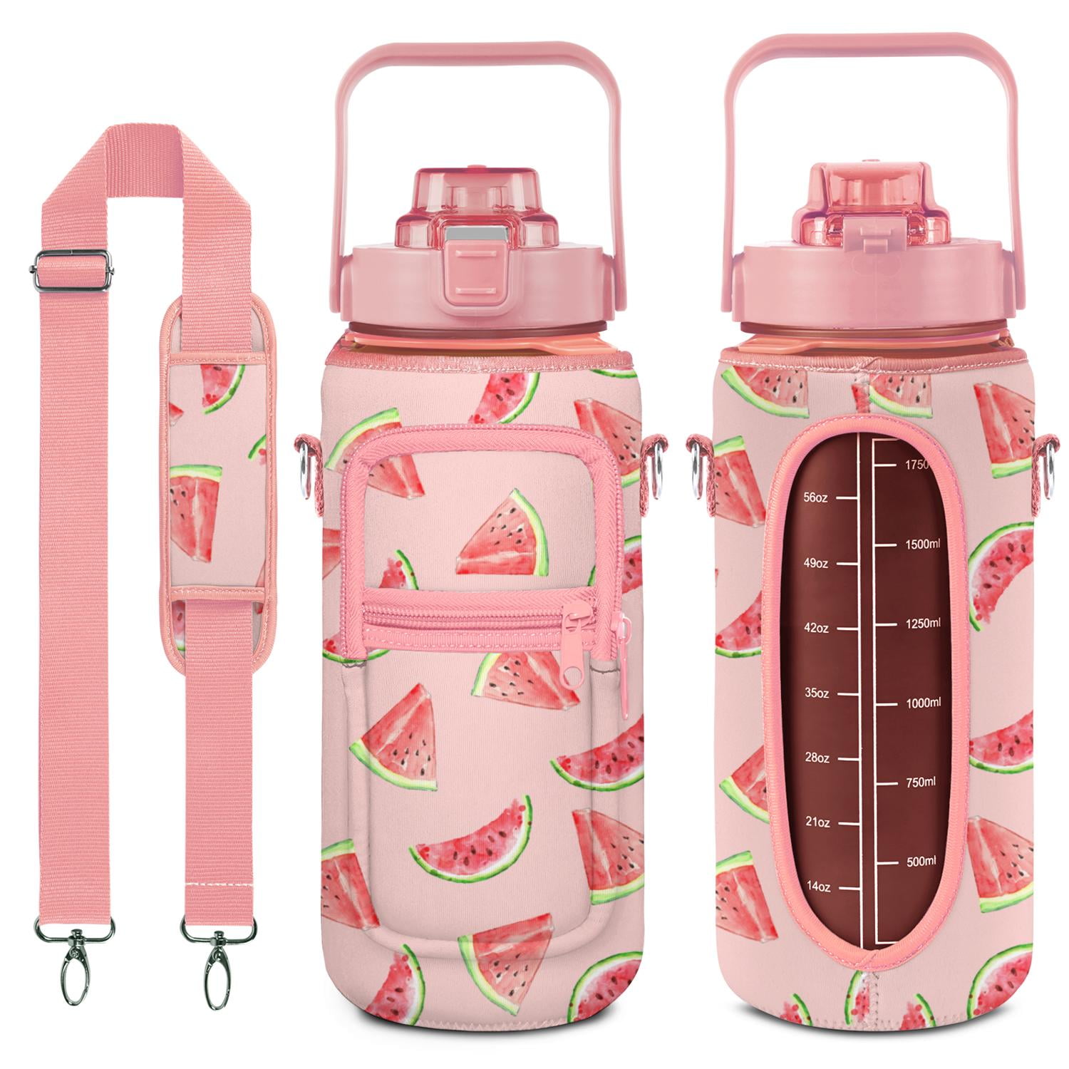 Watermelon 64 Oz Water Bottle with Measurements - BPA Free Leakproof Sport Large Plastic Water Bottle with Straw Strap & Insulated Neoprene Holder Carrier Bag Great Gift for Women Men