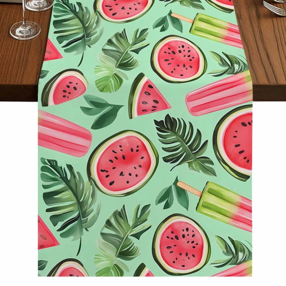 Watermelon 70 Inch Table Runner, Green Palm Leaves Popsicle Summer Fruit Farmhouse Dresser Scarf Cotton & Linen Tablerunner for Dining/Kitchen Island/Holiday Party Décor 13" x 70"