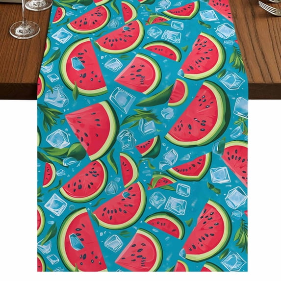 Watermelon 72 Inch Table Runner, Summer Cartoon Tropical Fruit Ice Cubes Farmhouse Dresser Scarf Cotton & Linen Tablerunner for Dining/Kitchen Island/Holiday Party Décor 13" x 72"