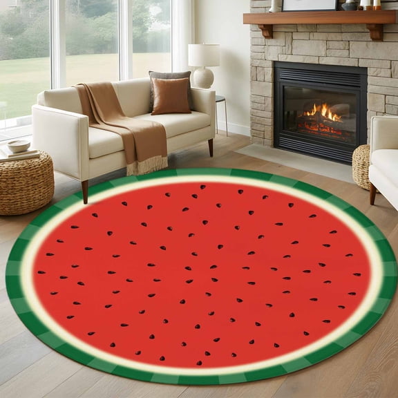 Watermelon 8FT Round Area Rugs for Living Room Geometric Radial Lines Red Green Watercolor Ultra-Thin Non-Slip Round Rugs Machine Washable Low Pile Circle Carpet for Bedroom Kitchen Nursery