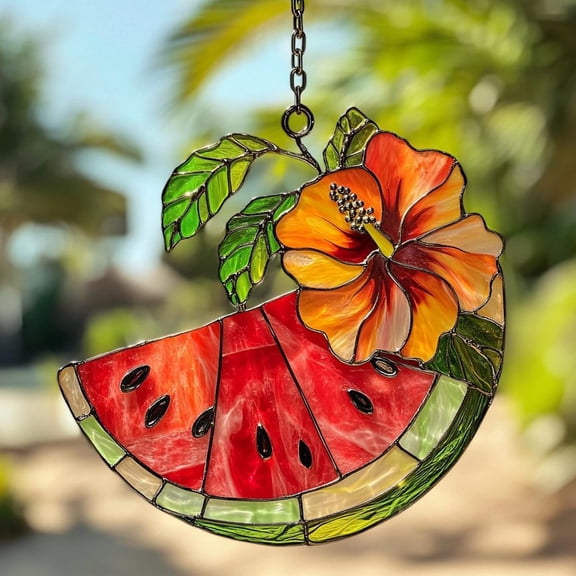 Watermelon Acrylic Suncatcher  Summer Fruit Faux Stained Glass Window Hanging with Hibiscus Flower, Tropical Home Decor
