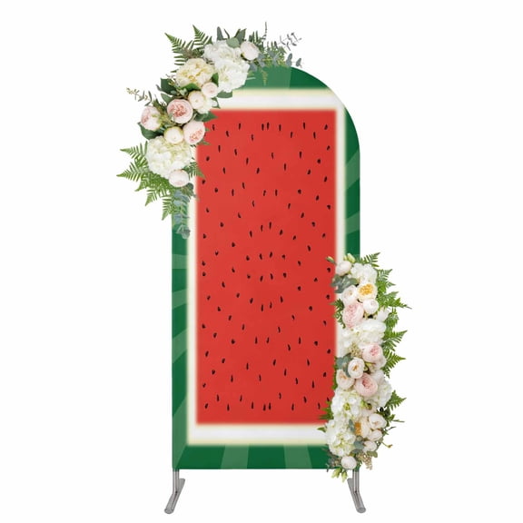 Watermelon Arch Backdrop Cover 4FT, Red Summer Fruits Watercolor Green Striped Spandex Fitted Stretchy Arch Stand Covers, Round Top Chiara Backdrop Cover for Wedding Party Birthday Baby Shower