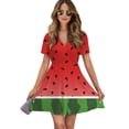 thumbnail image 1 of Watermelon Background With Seed Women Dress V-Neck Short Sleeve Flowy Swing Party Midi Dress, 1 of 4