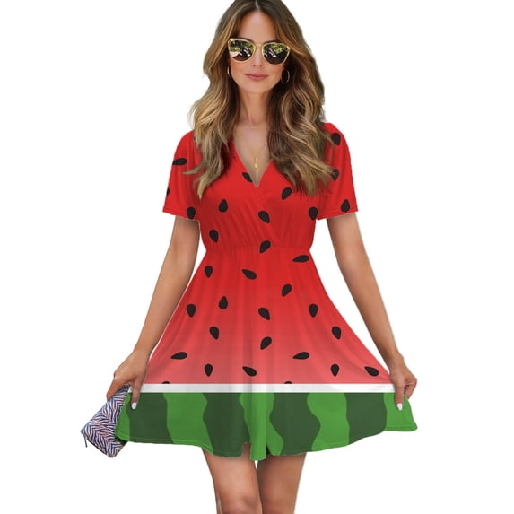 Watermelon Background With Seed Women Dress V-Neck Short Sleeve Flowy Swing Party Midi Dress