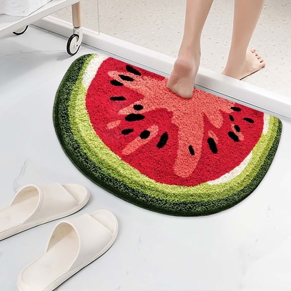Watermelon Bathroom Rug Red Green Semi-Circle Non-Slip Water-Absorbent Watermelon Bath Mat Bedroom Bathtub Shower Room Mat, Kitchen Room Decor