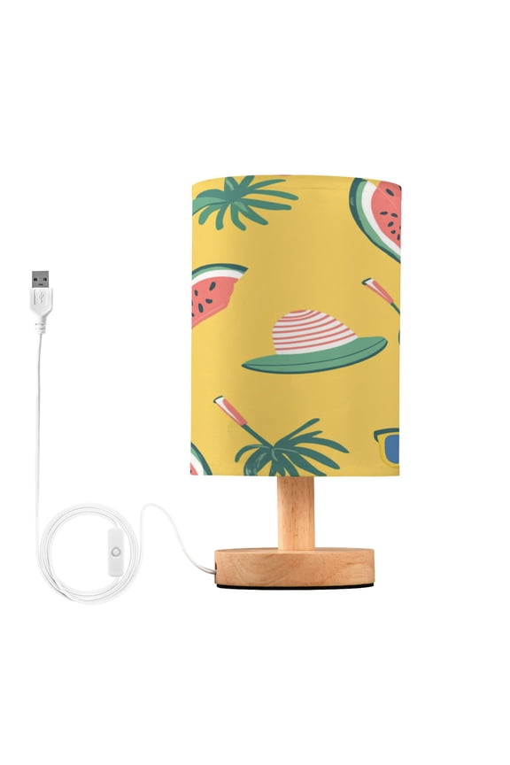 Watermelon and Beach Hat Small Lamp Printed Gifts Table Lamp USB Bedside Desk Nightstand Lamp Wood Base for Bedroom Living Room Office Desk College Dorm