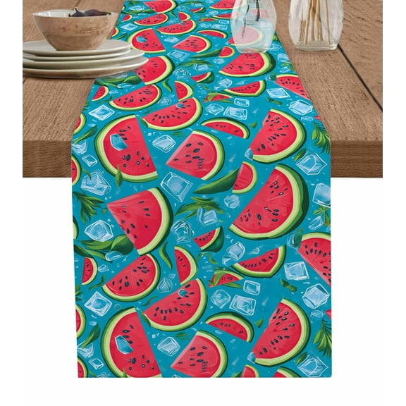Watermelon Burlap Cotton Table Runner 14x72 Inches Long, Summer Cartoon Tropical Fruit Ice Cubes Farmhouse Table Runners, Outdoor Dining Tablecloths Decor for Baby Shower/Party/Wedding