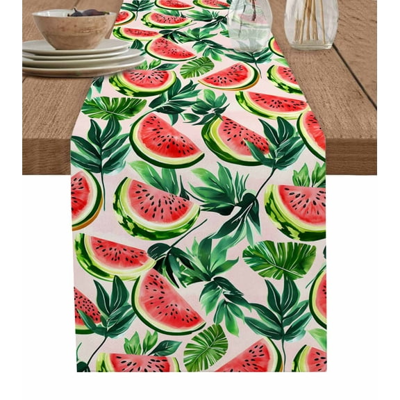 Watermelon Burlap Cotton Table Runner 16x72 Inches Long, Red Fruit Summer Cartoon Tropical Leaf Farmhouse Table Runners, Outdoor Dining Tablecloths Decor for Baby Shower/Party/Wedding