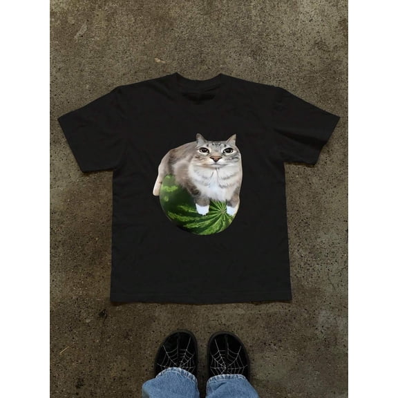 Watermelon Cat Funny Expression Graphic T-Shirt, One Piece Of Humorous Watermelon Print Women Tee