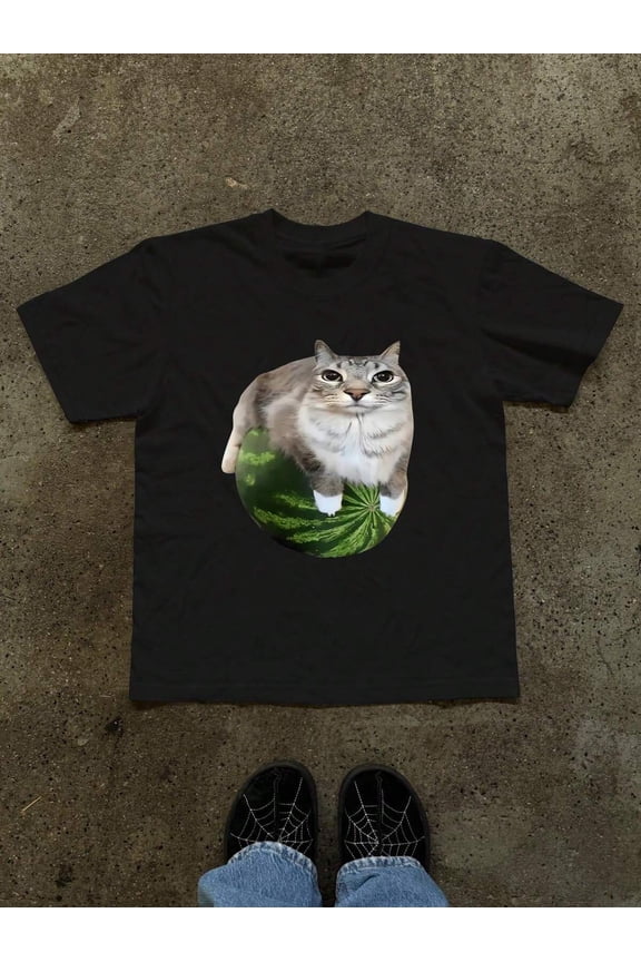 Watermelon Cat Funny Expression Graphic T-Shirt, One Piece Of Humorous Watermelon Print Women Tee