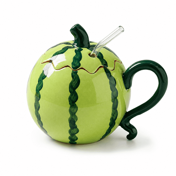 Watermelon Ceramic Cup with Lid and Straw, Fruit Coffee Mug for Juice Milk Tea Summer Table and Home Desk Drinkware