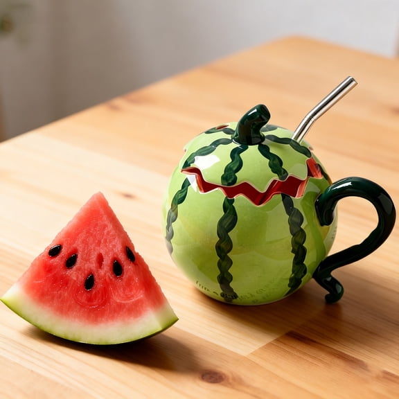 Watermelon Ceramic Mug 500ml, Novelty Cup with Lid and Straw, Fun Drinking Mug for Home Office Kitchen