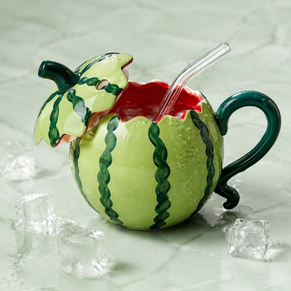 Watermelon Ceramic Mug with Lid Straw Cute Fruit Shape Coffee Cup for Summer Home Kitchen Decor Drinkware Gift
