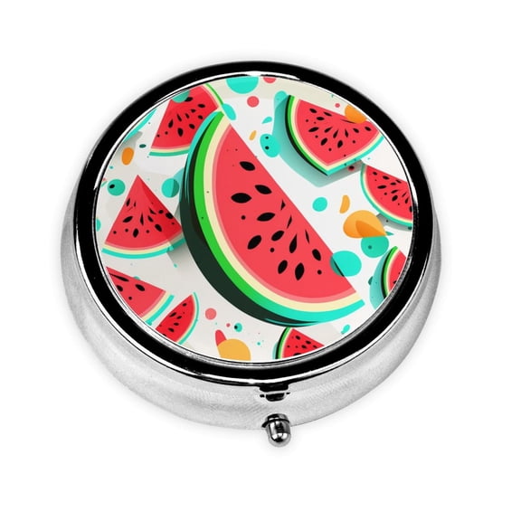 Watermelon Cool Cartoon Mini Round Pill Box Portable Small Pill Case Organizer with 3 Compartments for Pocket Purse