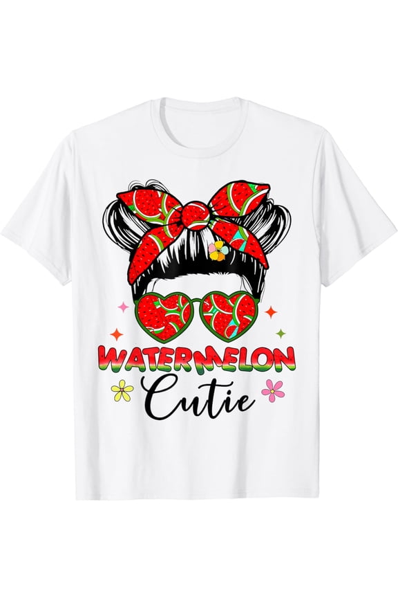 Watermelon Cutie Messy Bun Sunglasses Melon Girl Kids Summer T-Shirt