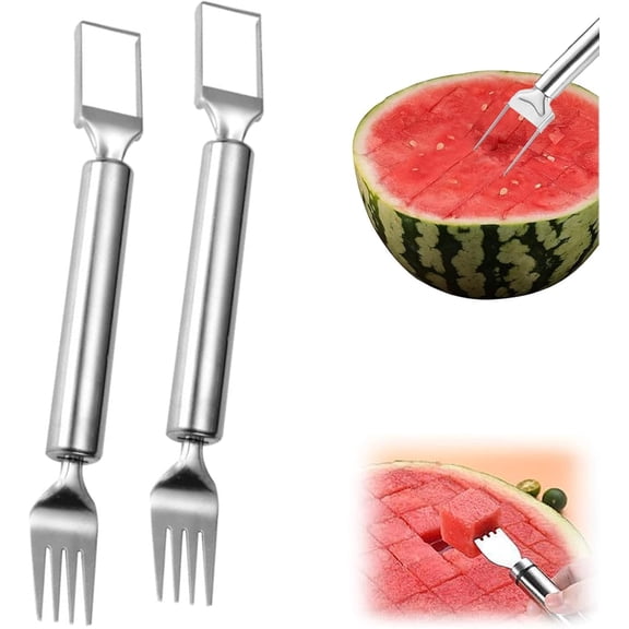 Watermelon Cutter, 2-in-1 Stainless Steel Melon Slicer & Fork, Easy Fruit Dicer Gadget for Summer Picnics, Camping & Family Parties