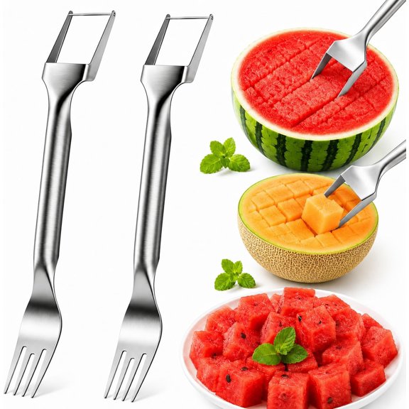 Watermelon Cutter & Fork, 2-in-1 Stainless Steel Watermelon Slicer Tool for Easy Fruit Cubes, Portable Fruit Cutter for Watermelon, Melon & Pitaya, Summer Kitchen Gadget for Parties & Camping