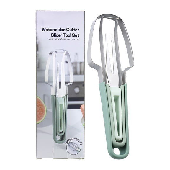 Watermelon Cutter & Fork Set, Oimcto Stainless Steel Watermelon Slicer, 2-In-1 Windmill Cutter Tool, Fruit Cutting Tool for Cantaloupe, Melon, Easy to Use, Smooth Finish, for Home Kitchen, Green