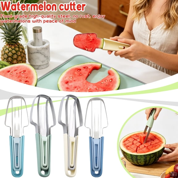 Watermelon Cutter, Watermelon Fork Slicer Cutter, Upgraded 3-in-1 Stainless Steel Summer Watermelon Cutting Tool, Multi-Melon Fruit Forks Slicer Cutter for Party Camping & Kitchen(Blue)